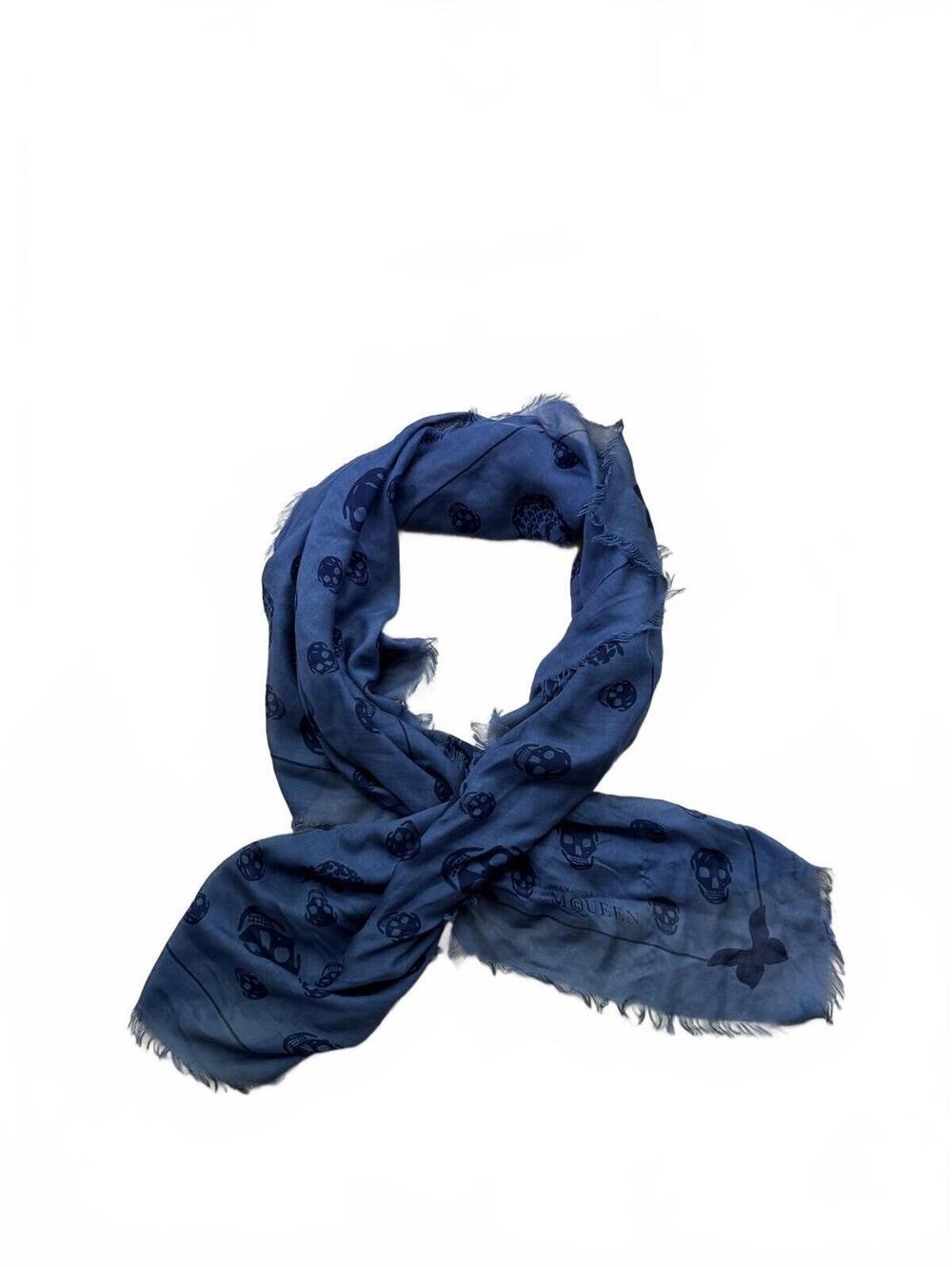Alexander McQueen Blue Skull Print Scarf Frayed Edge Designer Wrap Shawl